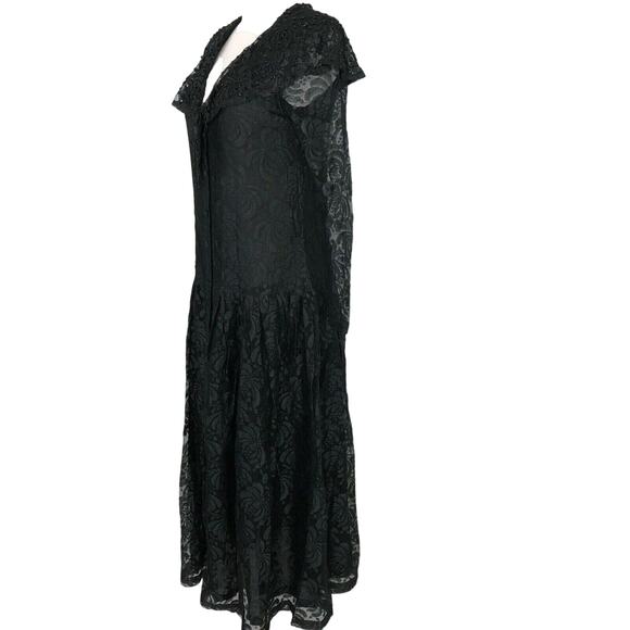 Jasmine Evening Lace Dress Long Sleeves Button Front Low V Neck Black Small - Picture 7 of 8